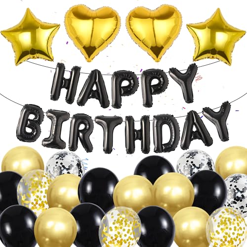 Geburtstag Dekoration Luftballons Jungen Mädchen - 37 Stücke Schwarz Gold Happy Birthday Folienballons Banner Helium Ballon Girlande Geburtstagsdeko für Frauen Mann Erwachsene Kinder Party Deko von Runyuzi