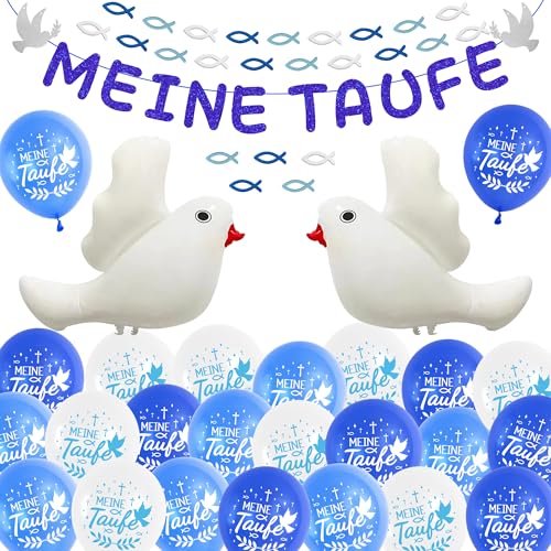 Taufe Deko Tischdeko Kommunion Jungen - 62 Stück Blau Taufdeko Konfirmation Dekoration Meine Taufe Banner, weiße Taube Ballon Girlande Holzfische Fische Streudeko für Kinder von Runyuzi