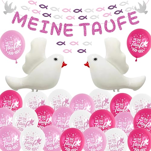 Taufe Deko Tischdeko Kommunion Mädchen - 62 Stück Rosa Taufdeko Konfirmation Dekoration Meine Taufe Banner, weiße Taube Ballon Girlande Holzfische Fische Streudeko für Kinder von Runyuzi