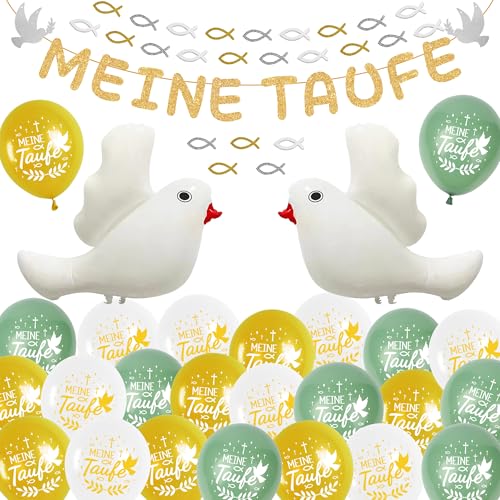 Taufe Kommunion Deko Jungen Mädchen - 62 Stück Grün Gold Taufdeko Konfirmation Tischdeko Meine Taufe Banner, weiße Taube Ballon Girlande Holzfische Fische Streudeko für Kinder Dekoration von Runyuzi