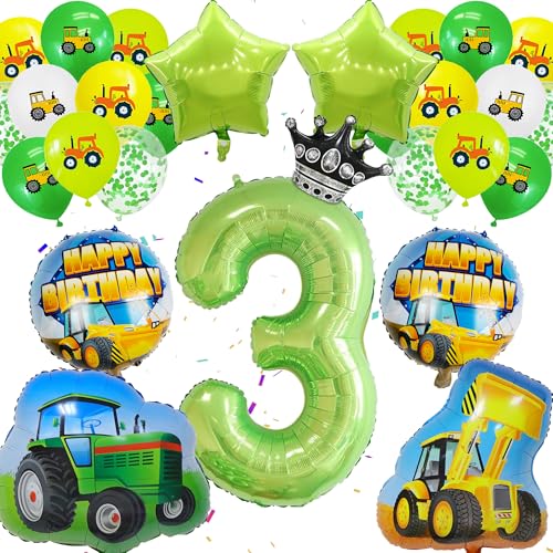 Traktor 3.Geburtstag Deko Junge - 23 Stück Tractor Party Deko, grüner Zahlenballon 3, Tractors Balloon, Bulldozer Folienballons, Pailletten Luftballons, Traktor Deko 3 Jahre Boy Kindergeburtstag von Runyuzi