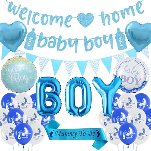 Welcome Home Baby Boy Deko - Willkommen Zuhause Girlande Luftballons Dekoration Set Blaue, Herzlich Willkommensdeko Storch Geburt Balloon Daddy to Be Schärpe für Junge Babyparty von Runyuzi