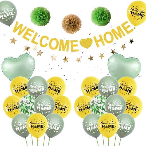 Welcome Home Deko Grün Gold - Gold Grün Willkommen Zuhause Deko Banner, Stern Girlande, Herz Folienballons Konfetti Ballons für Kinder Erwachsene Babyshowerparty Home Party Familie Einweihung Party von Runyuzi