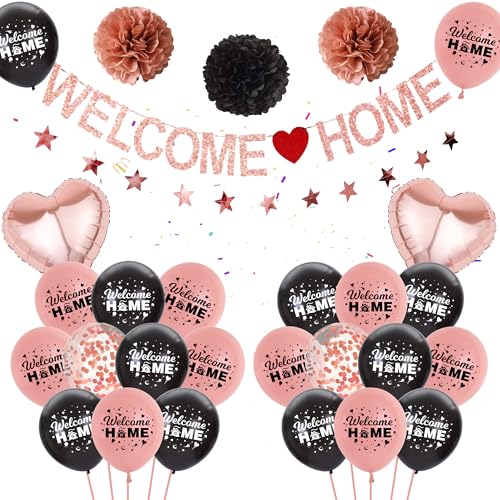 Welcome Home Deko Roségold - Roségoldene Willkommen Zuhause Deko Banner, Stern Girlande, Herz Folienballons Konfetti Ballons für Kinder Erwachsene Babyshowerparty Home Party Familie Einweihung Party von Runyuzi