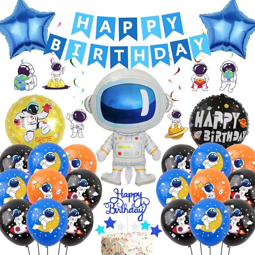 Weltraum Kindergeburtstag Deko Set Jungen - 49 Stück Geburtstag Dekoration für Kinder, Stern Rund Astronauten Folienballon Happy Birthday Banner Space Girlande Kuchendeko von Runyuzi