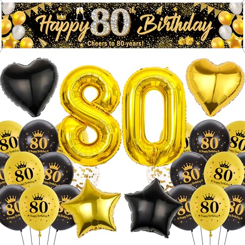 Runyuzi 80 Geburtstag Deko Mann Frauen - Schwarz Gold Geburtstagsdeko mit Happy 80 Birthday Banner Hintergrund, Zahl Sterne Herzform Folienballons Konfetti Luftballon für Geburtstagsparty von Runyuzi