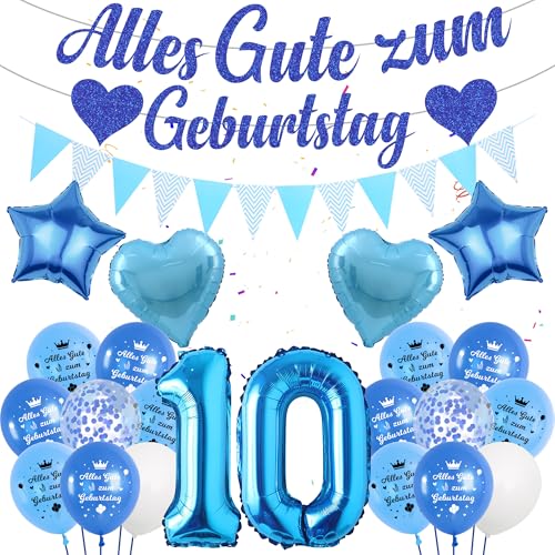 Deko 10 Geburtstag Junge Blau Luftballon - Alles Gute Zum Geburtstag Girlande Banner Wimpel, Riesen Zahl und Sterne Herzform Folienballon Konfetti Ballon für Kinder Geburtstagsdeko Jungen Mädchen von Runyuzi