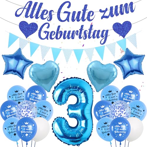 Deko 3. Geburtstag Junge Blau luftballon - Alles Gute Zum Geburtstag Girlande Banner Wimpel, Riesen Zahl und Sterne Herzform Folienballon Konfetti Ballon für Kinder Geburtstagsdeko 3 Jahr Jungen von Runyuzi