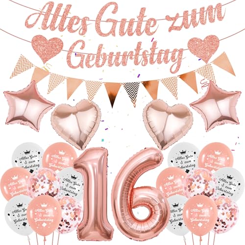 luftballon 16. Geburtstag Mädchen Rosegold - 58 Stücke Geburtstagsdeko 16 Jahr, Zahlen 16 Ballons Deko Alles Gute zum Girlande Folienballon Banner für Kindergeburtstag Roségold Dekoration von Runyuzi