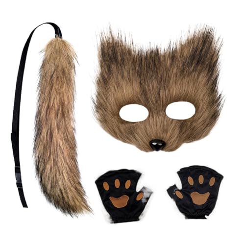 Fuchs-Gesichtsbedeckung, Schwanz-Set, Kunstfeder, weicher Wolf, Party-Kleidung, lustiges Cosplay-Zubehör, Urlaubstier-Outfit-Set für Halloween, Kostümpartys und Cosplay von Rurunklee