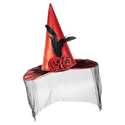 Rurunklee Halloween-Hexenhut für Damen, Hexenhut, Cosplay-Hut, Foto-Requisiten mit Halbschleier, Federrose, breite Krempe, Halloween-Kostüm-Zubehör von Rurunklee