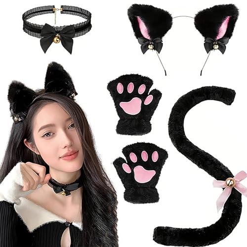 Rurunklee Katze Cosplay Kostüm,Tier Cosplay Kostüm,Katzenkostüm-Set mit Glockenhalsband und Krallenhandschuhen - Bequemes Par -Kleidungsset, Cosplay-Zubehör für Anime-, Halloween, Karneval von Rurunklee