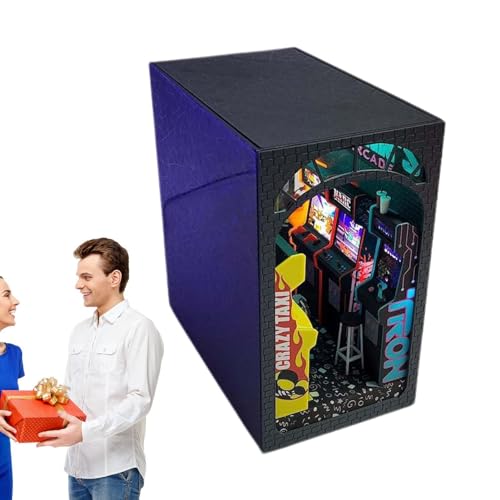 Rurunklee Video Arcade Book Nook,Videospiel Arcade Book Nook - 3D-Holzpuzzle-Booknook-Bausatz | Arcade Book Nook Kits, Miniaturpuzzle im Punk-Stil mit LED-Licht, für Sammler und Kinderdekoration von Rurunklee