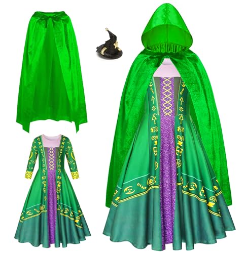 RuuYiicoco Halloween Mädchen Hexenkostüm mit Umhang Sanderson Sisters Kleid Set (10-11 Jahre, Grün) von RuuYiicoco