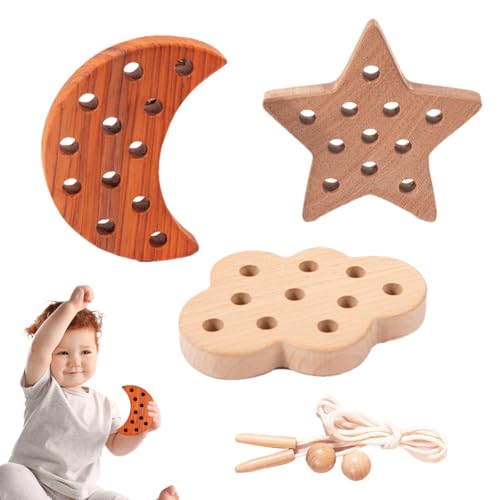 Ruwshuuk Schnür-Puzzle-Spielzeug, Schnür-Spielzeug für Kinder, 3er-Set Spitzenblockpuzzle, Reisespielzeug zum Einfädeln aus Holz, pädagogisches Spitzenblockpuzzle mit Seil für Feinmotorik von Ruwshuuk