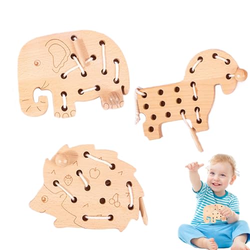 Ruwshuuk Schnür-Puzzle-Spielzeug, Schnür-Spielzeug für Kinder | Set mit 3 Lern-Fädelspielzeugen - Reisespielzeug zum Einfädeln aus, pädagogisches Spitzenblockpuzzle mit Seil für Feinmotorik von Ruwshuuk