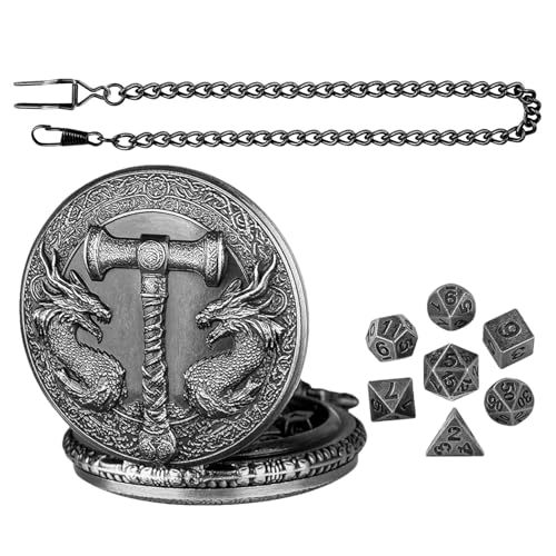 Ruwshuuk Tiny Dice Set, Pocket Watch Dice Set - Kleine Würfel mit Vintage Pocket Watch Shell Case - Rollenspiele Brettspielzubehör, Kartenspielspielzeug für Männer Frauen von Ruwshuuk