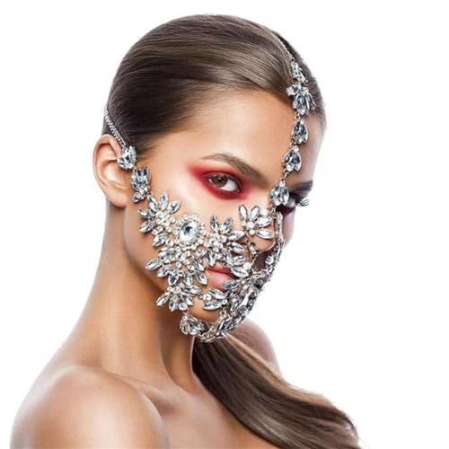 RVLAUGOAA Kristall Quaste Maskerade Maske Schleier Gesicht Kette Bauchtanz Schmuck Stirnband Kopf Kette für Bar Party Ball (Silber) von Rvlaugoaa