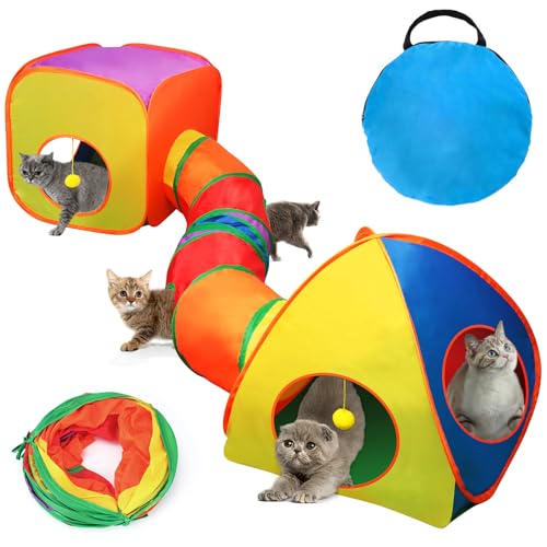 Rypet Katzentunnel für Indoor-Katzen mit Würfelzelt, Spielzeug, Combo, zusammenklappbar, knisternd, interaktives Guckloch, Katzenschlauch mit Spielball und Glocke für Kätzchen, Welpen, Kätzchen, von Rypet