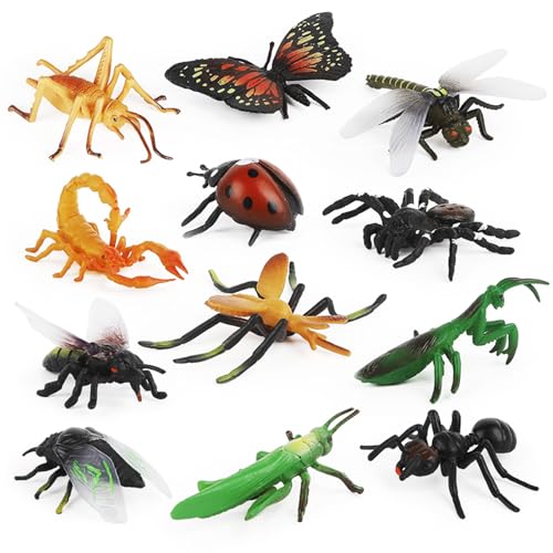 Ryvera Insekten Spielzeug, 12 Stück Realistische Käfer Figuren Set mit Marienkäfer Biene Schmetterling Ameise Grille Mantis Skorpion Spinne für Geburtstag Insekt Party Favors und Kuchen Dekoration von Ryvera