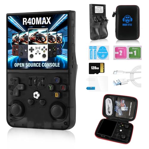 R40 Max Handheld Spielekonsole, Eingebautes Linux ArkOS 2.0 System,15000 Spiele, 128G TF Karte, 30 Emulatoren, 3.5in IPS Bildschirm, 4000mAh Akku Retro Handheld Spielekonsole mit Tasche von S_way