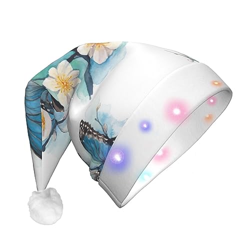 Blauer Schmetterling auf Blüte Blumendruck Weihnachtsmann Weihnachtsserie LED beleuchtet Unisex lustige Weihnachtsmütze geeignet von SAAKE