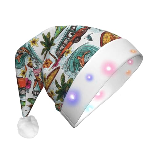 Hawaiianischer Surfer auf gewelltem Druck, Weihnachtsmann, Weihnachtsserie, LED-Licht, Unisex, lustige Weihnachtsmütze geeignet von SAAKE