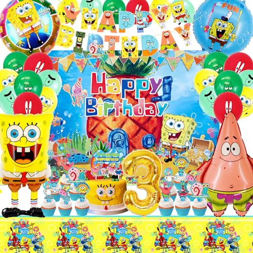 SABAN Spongebo Deko 3 Jahre, Spongebo Geburtstag Deko Kinder Set, Spongebo Schwammkopf Themen Ballon mit Banner,Tortendeko,Tischdecke,Hintergrund, Geeignet für Party Dekoration für Jungen und Mädchen von SABAN