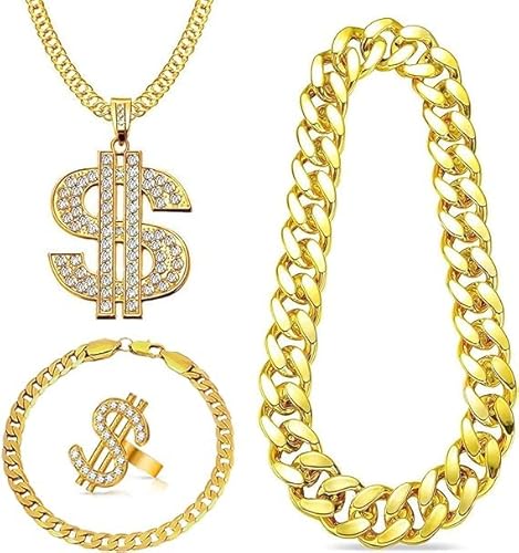 Hip Hop Kostüm Kit 4 Stück Rapper Accessoires, 80er 90er Jahre Outfit Herren Hip Hop Zubehör mit Goldkette Dollar Halskette Ring Armband, Zuhälter Kostüm für Fasching Karneval Mottopartys Cosplay von SABVITA