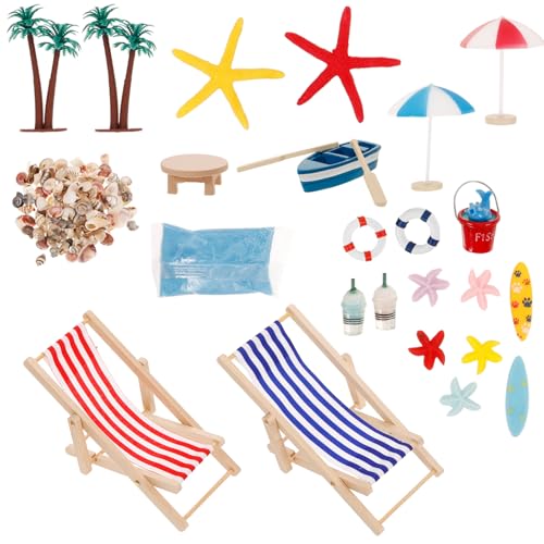 SAFIGLE 5 Sätze Mini-Strandanzug Strand Dekoration Set Micro Landschaft Dekoration Gabbie Puppenhausspielzeug Miniatur-Surfbrett Spielzeuge Strandstuhl Mini- -Ornament im Strandstil von SAFIGLE