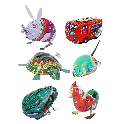 SAFIGLE 6 Stück Uhrwerk-Feder-Aufziehspielzeug: 6 Stück Lustiger Springender Frosch Hase Uhr Lastwagen Schildkröte Blechspielzeug Metall Retro-Aufziehspielzeug -Partygeschenk von SAFIGLE