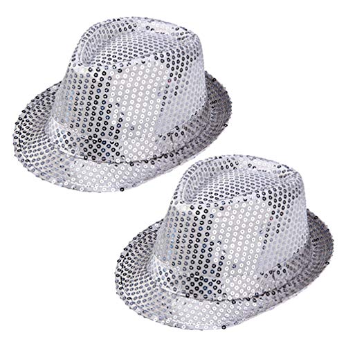 SAFIGLE Fedora-Hut mit Pailletten Jazz-Hut Zauberer Latin Jazz Mardi Gras Cosplay Abschlussball Kostüm Party-Accessoire für Erwachsene Und Kinder (2Er-Pack) Silber von SAFIGLE