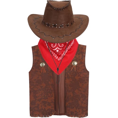 SAFIGLE Cowboy Kostüm Herren Cowgirl Kostüm Damen Western-Cowboy-Hut-Outfits Hut Weste Krawatte Cowboy Cowgirl Dreieckstuch-Set – Karneval Halloween Cosplay Kostüm Party Maskerade von SAFIGLE