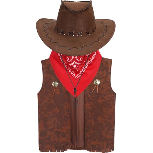 SAFIGLE 3-Teiliges Cosplay KostüM ZubehöR Set Mit Cowboyhut, Weste Und Dreieckigem Schal FüR Festlichkeiten, Karneval Und MaskenbäLle von SAFIGLE