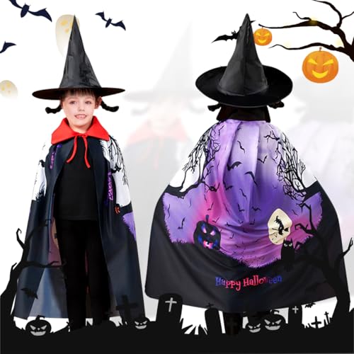 Halloween Umhang Bedruckter Kinder,Halloween Kostüm Kinder mit Einem Zaubererhut,Cape Kinder für Halloween,Fledermausumhang Cosplay Dekoration,Halloween Party Fledermaus Kostüm für Jungen und Mädchen von SAICXQ