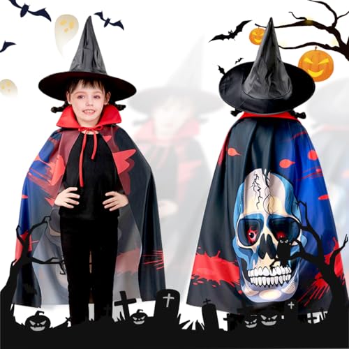 SAICXQ Halloween Umhang Bedruckter Kinder,Halloween Kostüm Kinder mit Einem Zaubererhut,Cape Kinder für Halloween, Skelett Umhang Cosplay Dekoration,Halloween Party Umhang für Jungen und Mädchen von SAICXQ