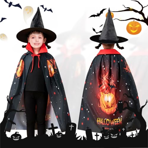 SAICXQ Halloween Umhang Bedruckter Kinder,Halloween Kostüm Kinder mit Einem Zaubererhut,Cape Kinder für Halloween,Kürbis Umhang Cosplay Dekoration,Halloween Party Umhang für Jungen und Mädchen von SAICXQ