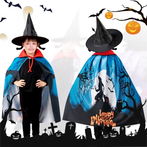 SAICXQ Halloween Umhang Bedruckter Kinder,Halloween Kostüm Kinder mit Einem Zaubererhut,Cape Kinder für Halloween,Werwolf Umhang Cosplay Dekoration,Halloween Party Umhang für Jungen und Mädchen von SAICXQ