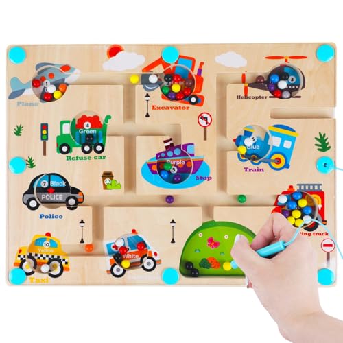 SAIFILI Montessori Spielzeug Magnetspiel Labyrinth ab 2 3 4 5 Jahre, Fahrzeug Magnet Kinderspielzeug Motorikspielzeug Sortierspiel Busy Board, Holzspielzeug Lernspiele Geschenk für Jungen Mädchen von SAIFILI