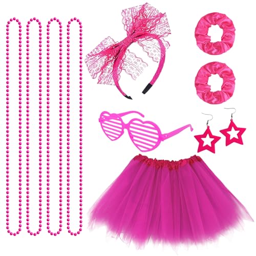 SAIIURV 10 Stücke 90er 80er Jahre Outfit Mädchen, 80er Kostüm Accessoires Set mit Tutu, Stirnband, Ohrring, Halskette, Kostüm Neon Accessoires Party, 80 Jahre Outfit Party Mädchen Kinder (Rosenrot) SAIIURV 10 Stücke 90er 80er Jahre Outfit Mädchen, 80er Kostüm Accessoires Set mit Tutu, Stirnband, Ohrring, Halskette, Kostüm Neon Accessoires Party, 80 Jahre Outfit Party Mädchen Kinder (Rosenrot) von SAIIURV