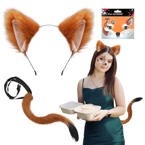 SAIIURV 3 Stück Kostüm Fuchs für Kinder Erwachsene, Fuchsohren Stirnband Fuchsschwanz Fuchs Tattoo Gesicht, Faschingskostüm Fuchs Cosplay für Karneval Halloween Tierkostüm Fuchs Ohren Cosplay (Fuchs) von SAIIURV