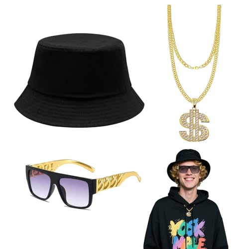 SAIIURV 3 Stücke Zuhälter Kostüm Hippie Kostüm Set 80er 90er Jahre Outfit, Dollar Kette Gangster Gang Sonnenbrille, Rapper Accessoires, Hip Hop Kostüm für Karneval Fasching Mottoparty (Schwarz, Gold) SAIIURV 3 Stücke Zuhälter Kostüm Hippie Kostüm Set 80er 90er Jahre Outfit, Dollar Kette Gangster Gang Sonnenbrille, Rapper Accessoires, Hip Hop Kostüm für Karneval Fasching Mottoparty (Schwarz, Gold) von SAIIURV