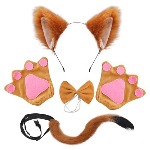 SAIIURV 4 Stück Kostüm Fuchs für Kinder Erwachsene, Fuchsohren Stirnband Fuchsschwanz Fuchs Pfoten Handschuhe Fliege, Fuchs Cosplay für Karneval Halloween Tierkostüm Fuchs Ohren Tier Cosplay (Fuchs) von SAIIURV