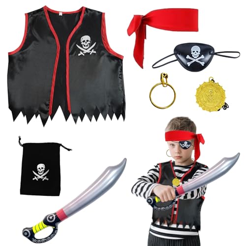 SAIIURV 7 Stücke Kinder Piratenkostüm Zubehör Set, Augenklappe Pirat Kopftuch Piraten Weste Piratensäbel Totenkopfbeutel, Piraten Kostüm zubehör Kinder für Halloween Deko Piratenparty (Multicolor) SAIIURV 7 Stücke Kinder Piratenkostüm Zubehör Set, Augenklappe Pirat Kopftuch Piraten Weste Piratensäbel Totenkopfbeutel, Piraten Kostüm zubehör Kinder für Halloween Deko Piratenparty (Multicolor) von SAIIURV