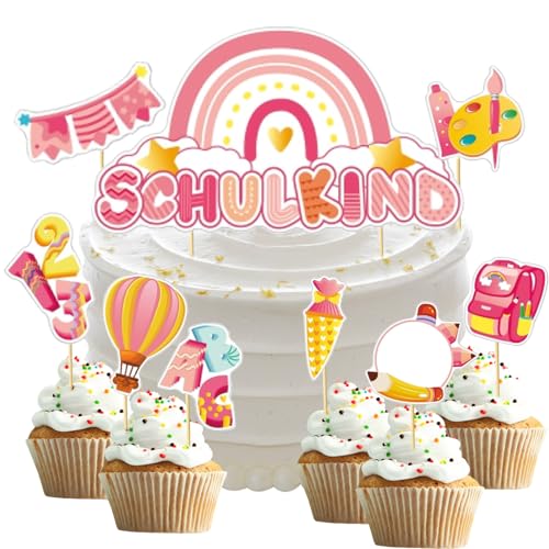 13 Stück Schulanfang Tortendeko, Tortendeko Einschulung, Kuchendeko Schulanfang, Cupcake Topper Dekorationen für Schulkind Junge Mädchen, Schultag Schulanfang Party Deko (Rosa) von SALADOCY