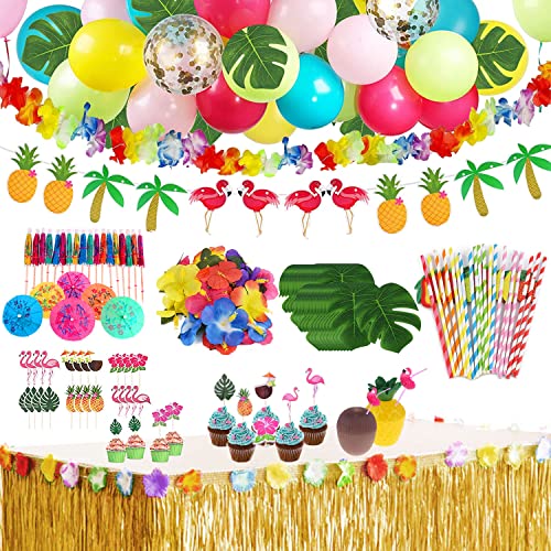 147 Stück Hawaii Party Dekoration Set, Luau Tischröcke, Banner, Künstliche Palmenblätter, Ananas Kuchendeckel und 3D Frucht Strohhalme Genschirm BBQ Tropischen Garten Tiki Sommer Party Dekoration von SALADOCY