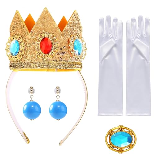 SALADOCY 4 Pcs Cosplay Prinzessin Kostüm Zubehör Enthält Krone Brosche Ohrringe Handschuhe Geeignet für Cosplay Weihnachten Halloween Neujahr Geburtstagsparty Mädchen Dress up von SALADOCY