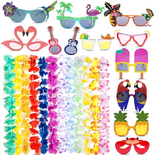 SALADOCY 12 Stück hawaiianische bunte dekorative Leis, 12 Stück Luau Party Sonnenbrille Zubehör, tropischen Sommer Strand Thema Party Zubehör Dekoration Requisiten von SALADOCY