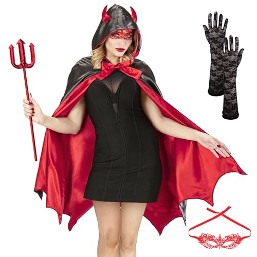 SALADOCY 4 Stück Halloween Kostüm, inkl. Damen Umhang, Spitzen Augenmaske, Spitzen Handschuhe, Teufelsgabel, geeignet für Halloween Party, COSPLAY, Faschingsball von SALADOCY