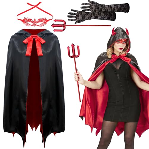 SALADOCY 4 Stück Halloween Kostüm, inkl. Damen Umhang, Spitzen Augenmaske, Spitzen Handschuhe, Teufelsgabel, geeignet für Halloween Party, COSPLAY, Faschingsball von SALADOCY